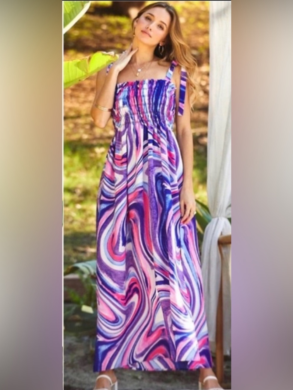 New USA MADE Watercolor Swirl Side Slit Shoulder Tie Bow Maxi Dress